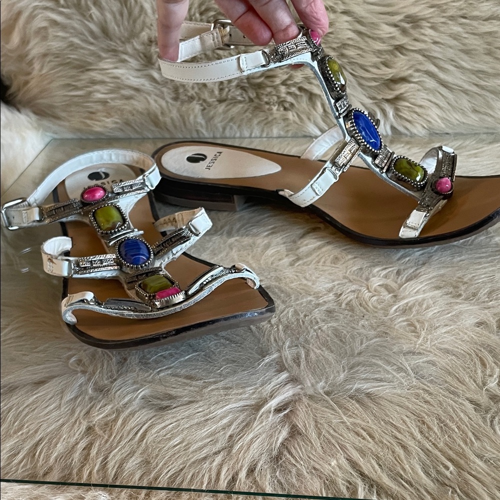 Jessica Bejeweled Sandals with Blue, Pink and Green Gem Accents